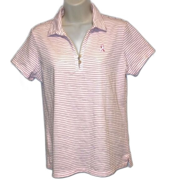 LADY HAGEN Polo Pink Breast Cancer Awareness Embroidered Ribbon Womens Medium - Picture 1 of 11